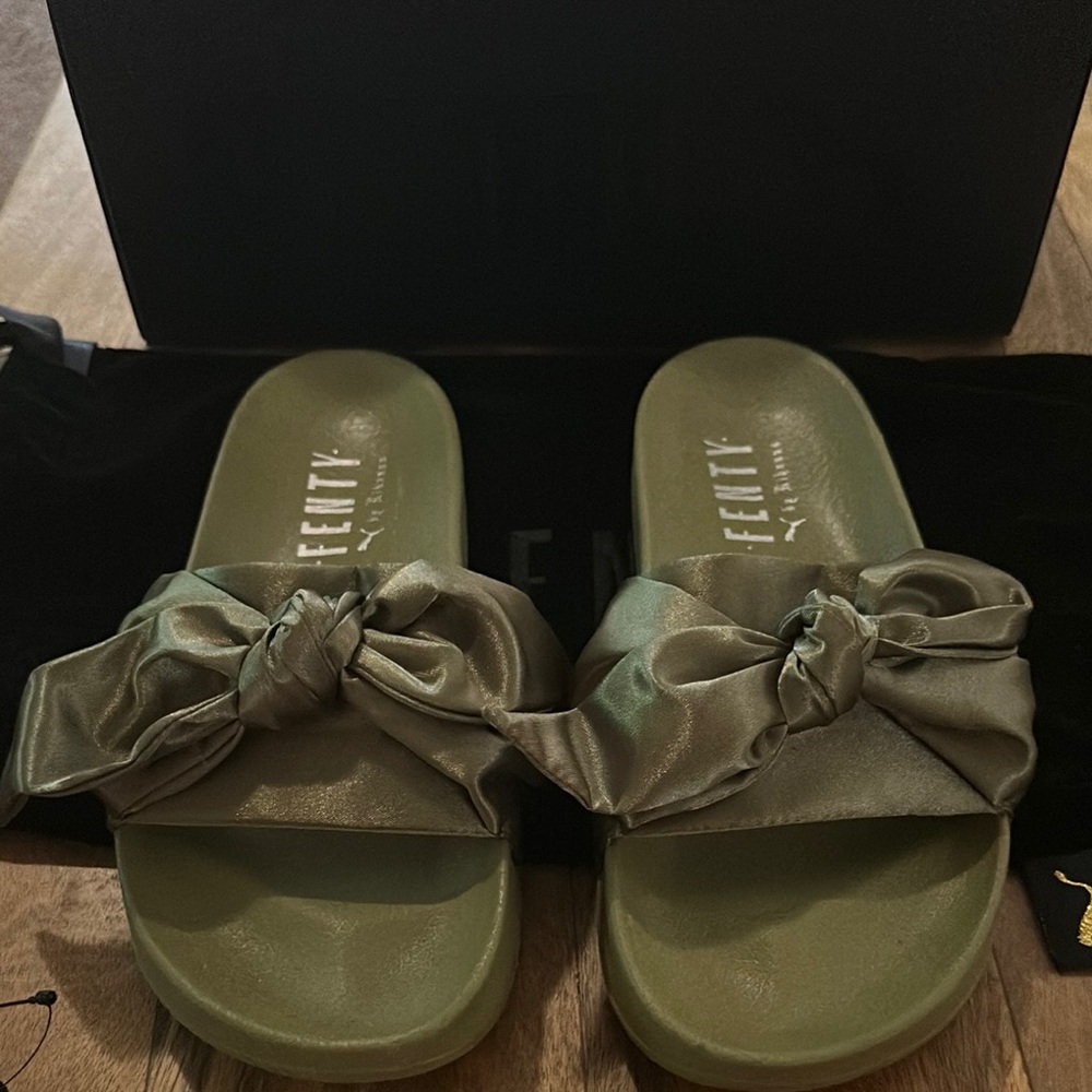 Fenty Beauty Olive Green Satin Bow Sandals